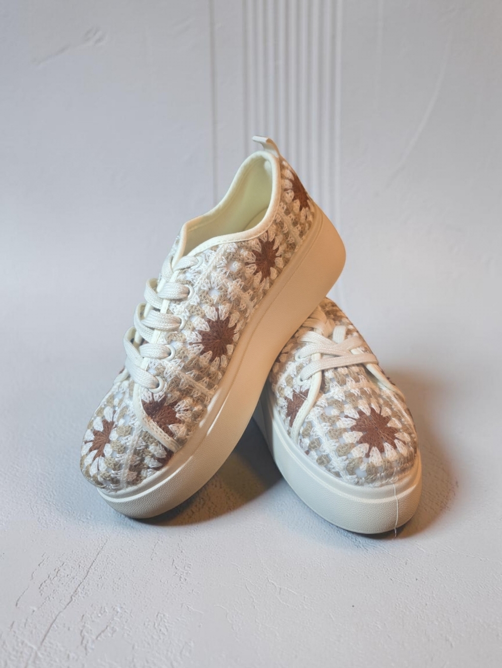 Cream and Brown Crochet Platform Sneakers - Women's Casual Lace-Up